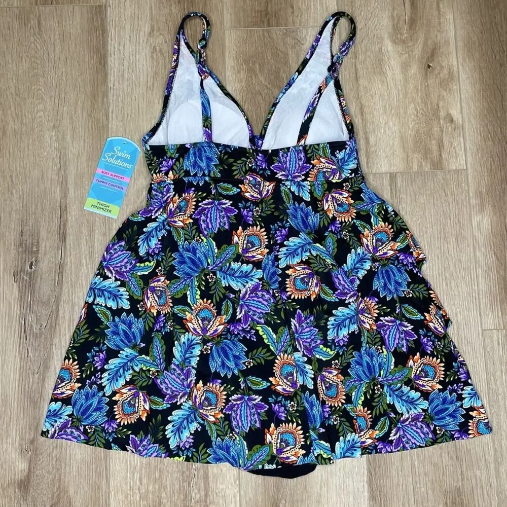 Swim Solutions Women's Floral Boho Play V-Neck Multi Ruffle Swim Dress sz 8
